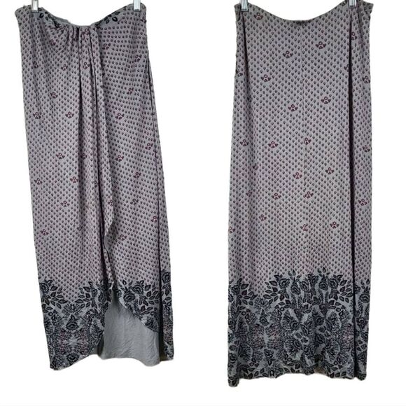 Free People Gray Print Hi-Low Midi Wrap Split Skirt Soft Knit Floral Border Maxi - Picture 3 of 11